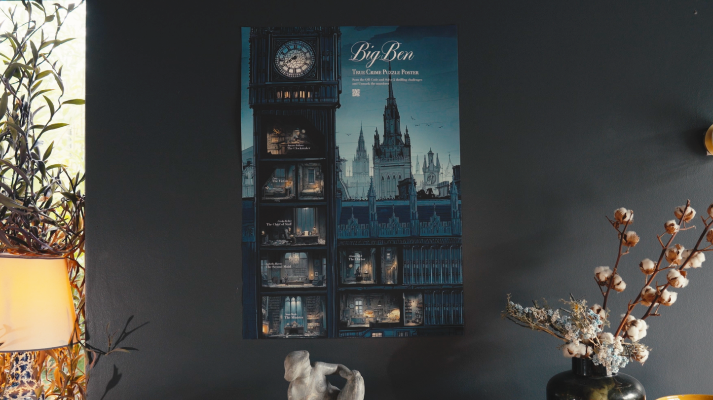 Puzzle poster. Big ben. Mordmysterie. True-crime.
